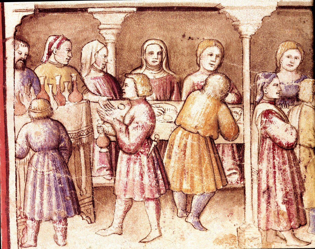 Banketscène in een rijk herenhuis van Padua. Miniatuur uit codex 212 (of Padovano Codice of Bijbel van Padua) 1390-1400 Rovigo, Accademia dei Concordi door Unknown artist