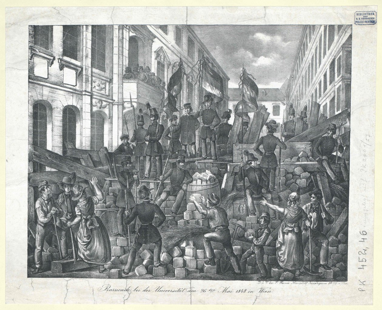 Barricade bij de universiteit op 26 mei 1848 in Wenen door Unknown artist