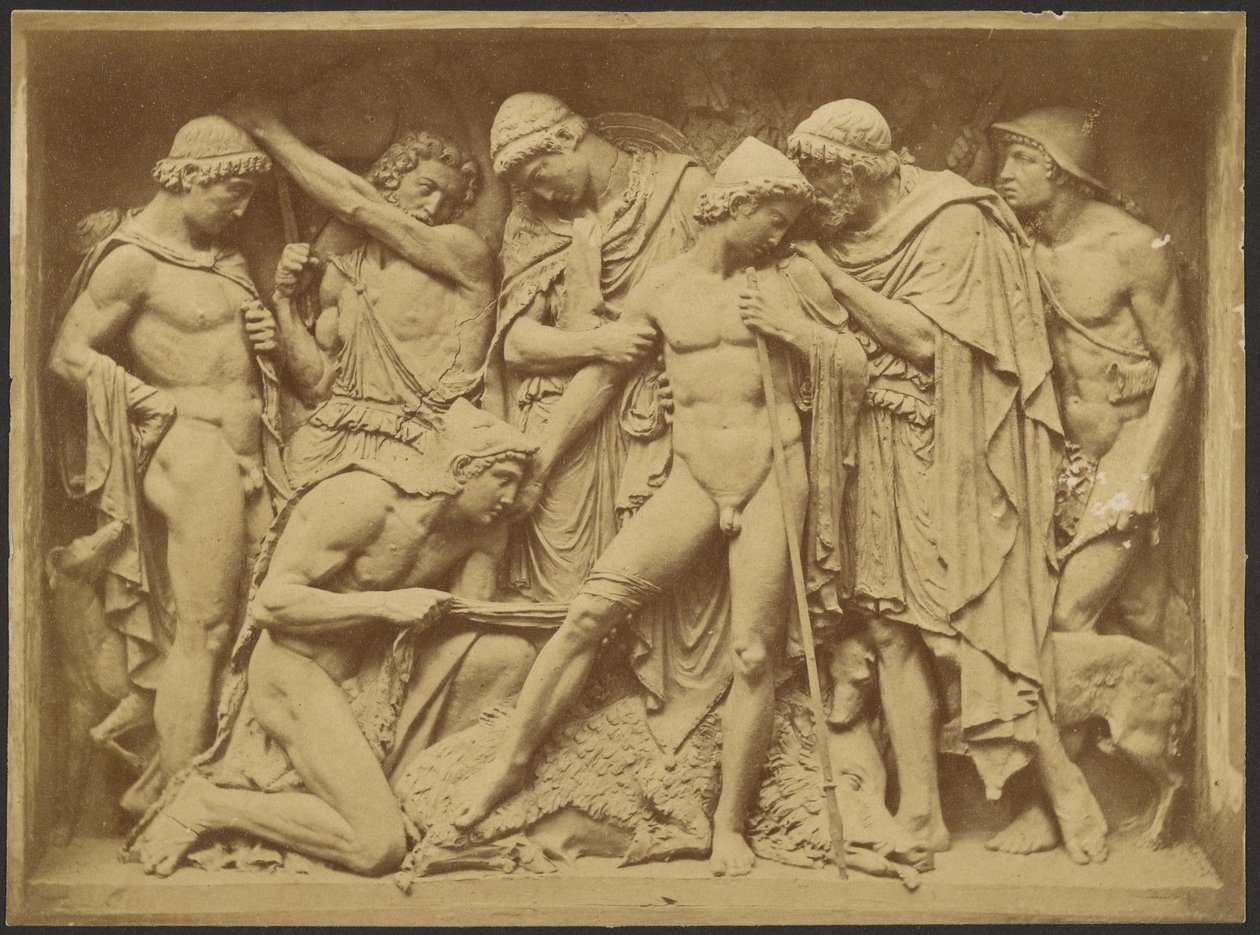 [Bas reliëf van mannen en dood zwijn]. door Unknown artist