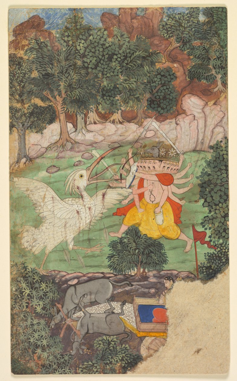 Slag van Ravana en Jatayu, uit sarga (hoofdstuk) 49 van de Aranya-kanda (Boek van het Bos) uit een Ramayana (Reis van Rama) van Valmiki door Unknown artist