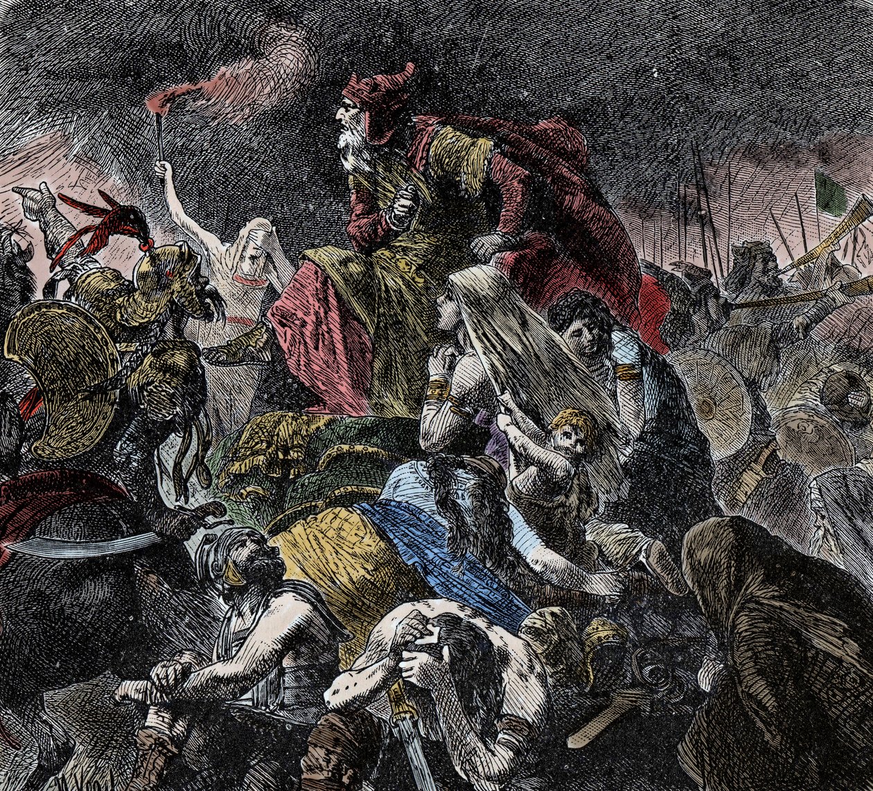 Slag bij de Catalaunische Velden, waar de Romeinen, de Franken en de Visigoten samen de Hunnen van Attila en de Ostrogoten bij Troyes, Aube versloegen - Barbarse Invasies - (Slag bij de Catalaunische Velden of slag bij Chalon of slag bij Maurica, vond plaa door Unknown artist