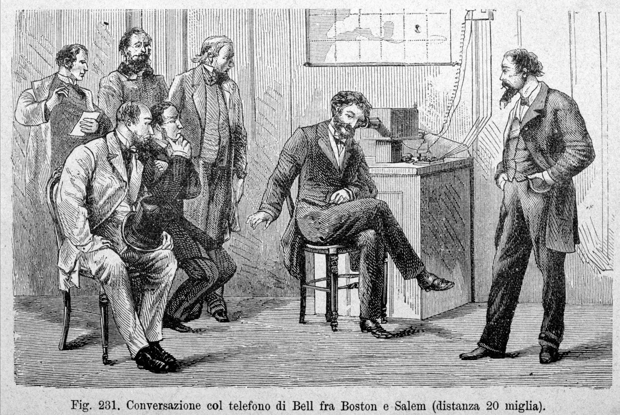 Bell-telefoongesprek tussen Boston en Salem (20 mijl afstand). Gravure uit de 19e eeuw door Unknown artist