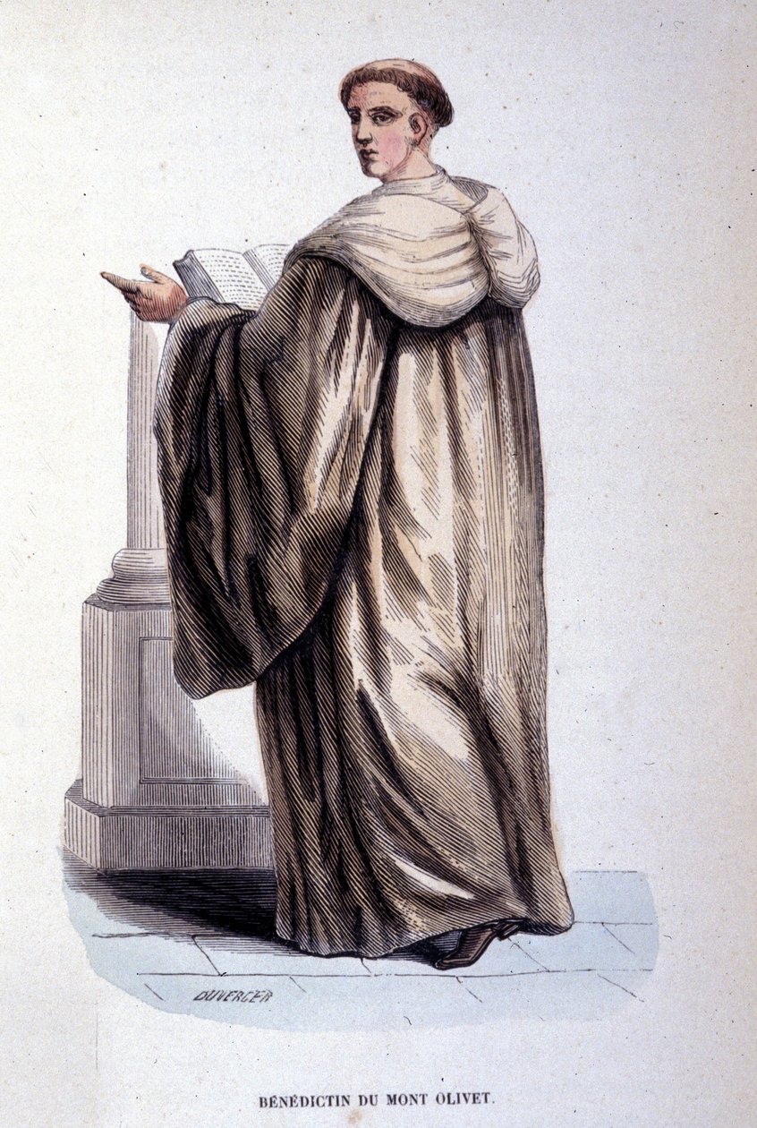 Benedictijn van de Berg Olivet of Olivetain, religieuze orde opgericht in Siena in de 14e eeuw. Gravure uit de 19e eeuw. Coll. privee, Milaan. door Unknown artist