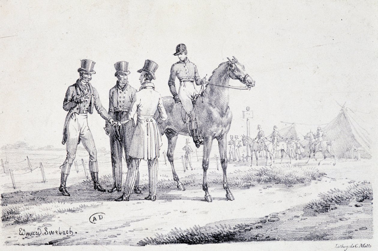 Wedden aan de rand van het raceveld met een jockey te paard - lithografie, begin 19e eeuw door Unknown artist