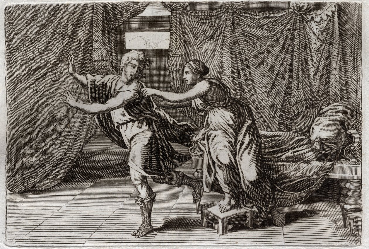 Bijbel van Royaumont, Oude Testament: Kuisheid van Jozef. Jozef wordt verleid door de vrouw van Potifar en in de gevangenis gezet. Illustratie uit 1811. door Unknown artist