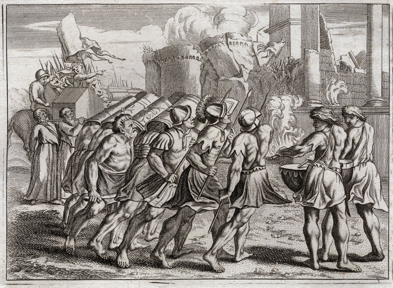 Bijbel van Royaumont, Oude Testament: Inname van Jericho. De muren van Jericho vallen op de grond door het geluid van de trompetten van de priesters die de Ark van het Verbond van de Heer voorafgingen. Illustratie uit 1811. door Unknown artist