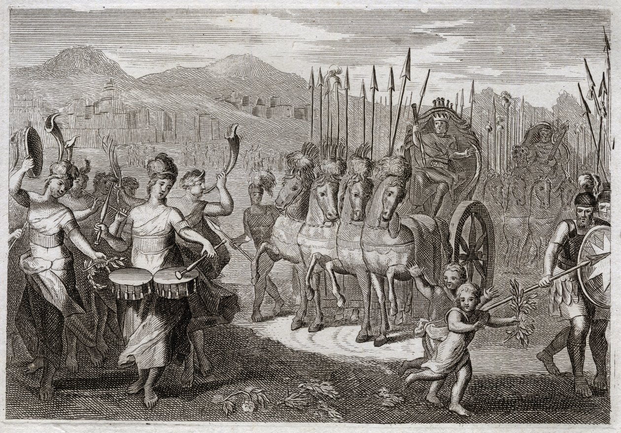 Bijbel van Royaumont, Oude Testament: Triomf van David. Nadat David de reus Goliath had verslagen, gingen de vrouwen van Israël hem tegemoet om zijn triomf te eren, met vreugdekreten en het geluid van instrumenten. Illustratie uit 1811. door Unknown artist