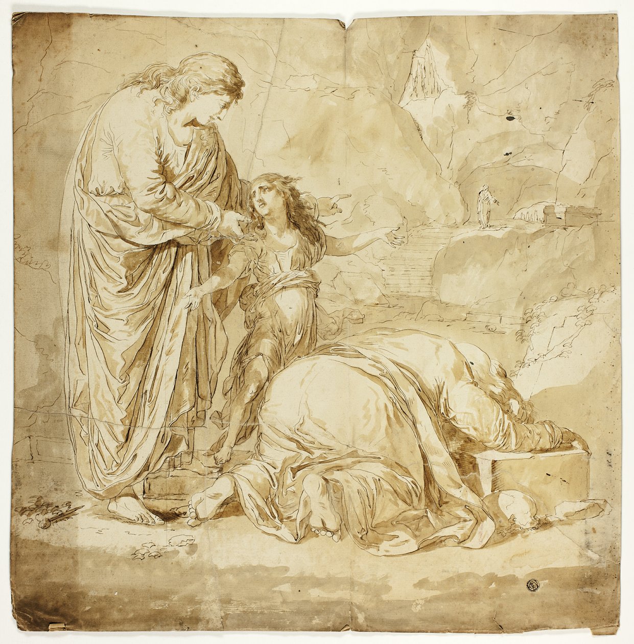 Bijbelse scène met twee vrouwen en kind op de voorgrond door Unknown artist