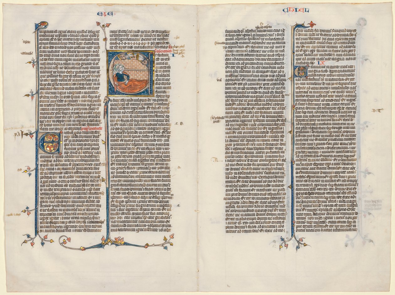 Bifolium uit een Bijbel: Initiaal E[t factum est] met Ezechiël door Unknown artist