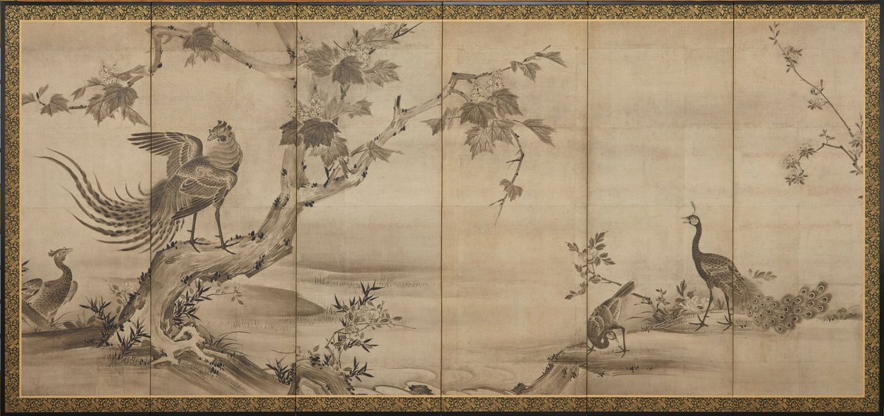 Vogels, bloemen en bomen: op de achterkant bamboebomen door Unknown artist