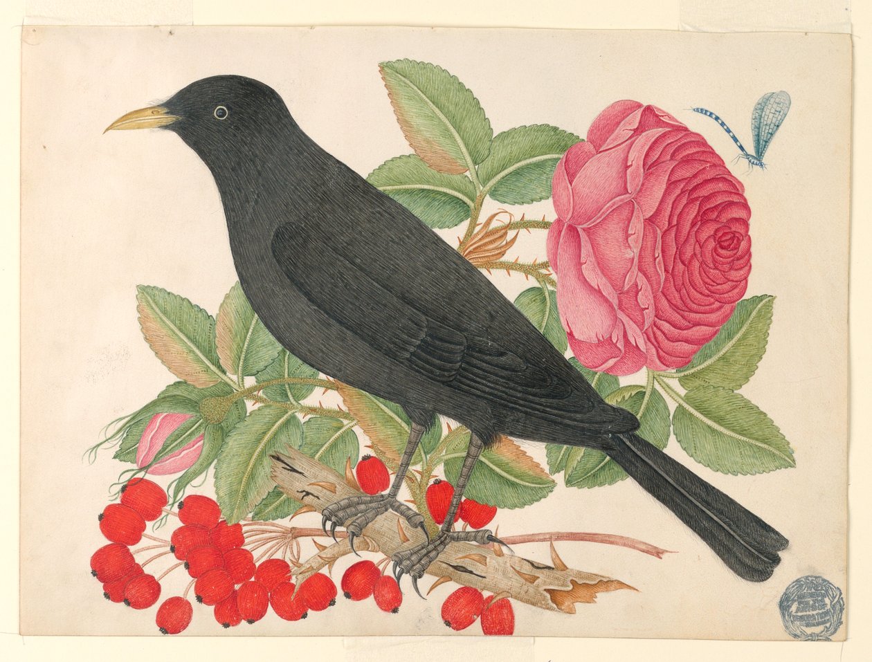 Zwarte vogel met rozen door Unknown artist