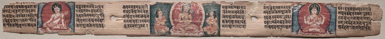 Bodhisattva Manjushri met twee vormen van Avalokiteshvara: Folio 348 (recto), uit een Gandavyuha-soetra (Schrift van de Opperste Array) door Unknown artist