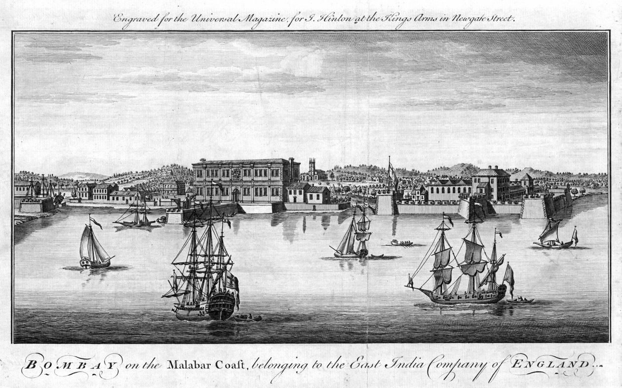 Bombay, haven van de Oost-Indische Compagnie van Engeland aan de Malabarkust van India, met handelsschepen van de Compagnie op de voorgrond en kadepakhuizen en gebouwen op de achtergrond. Koperen gravure, Londen door Unknown artist