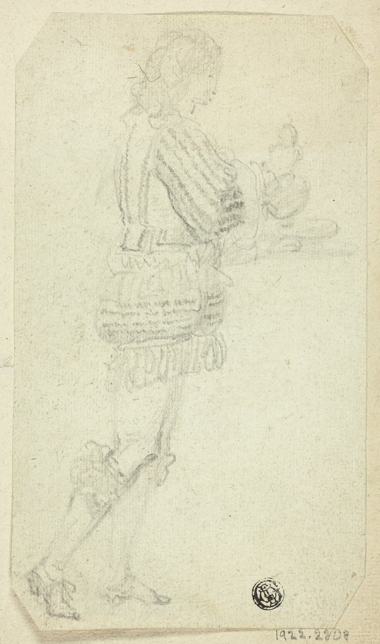 Jongen in historische kleding draagt voorwerp door Unknown artist