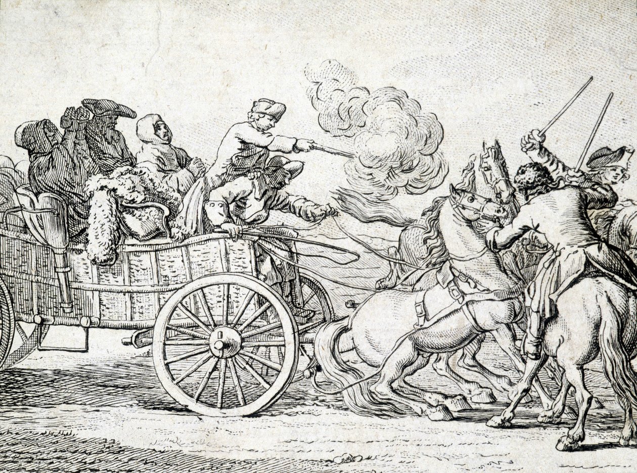 Rovers die passagiers op een kar aanvallen. Gravure door een anonieme 18e-eeuwse kunstenaar. door Unknown artist