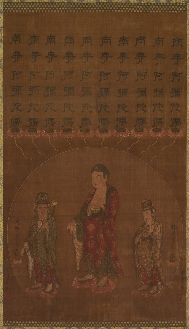 Boeddha Amitābha met twee begeleidende bodhisattva