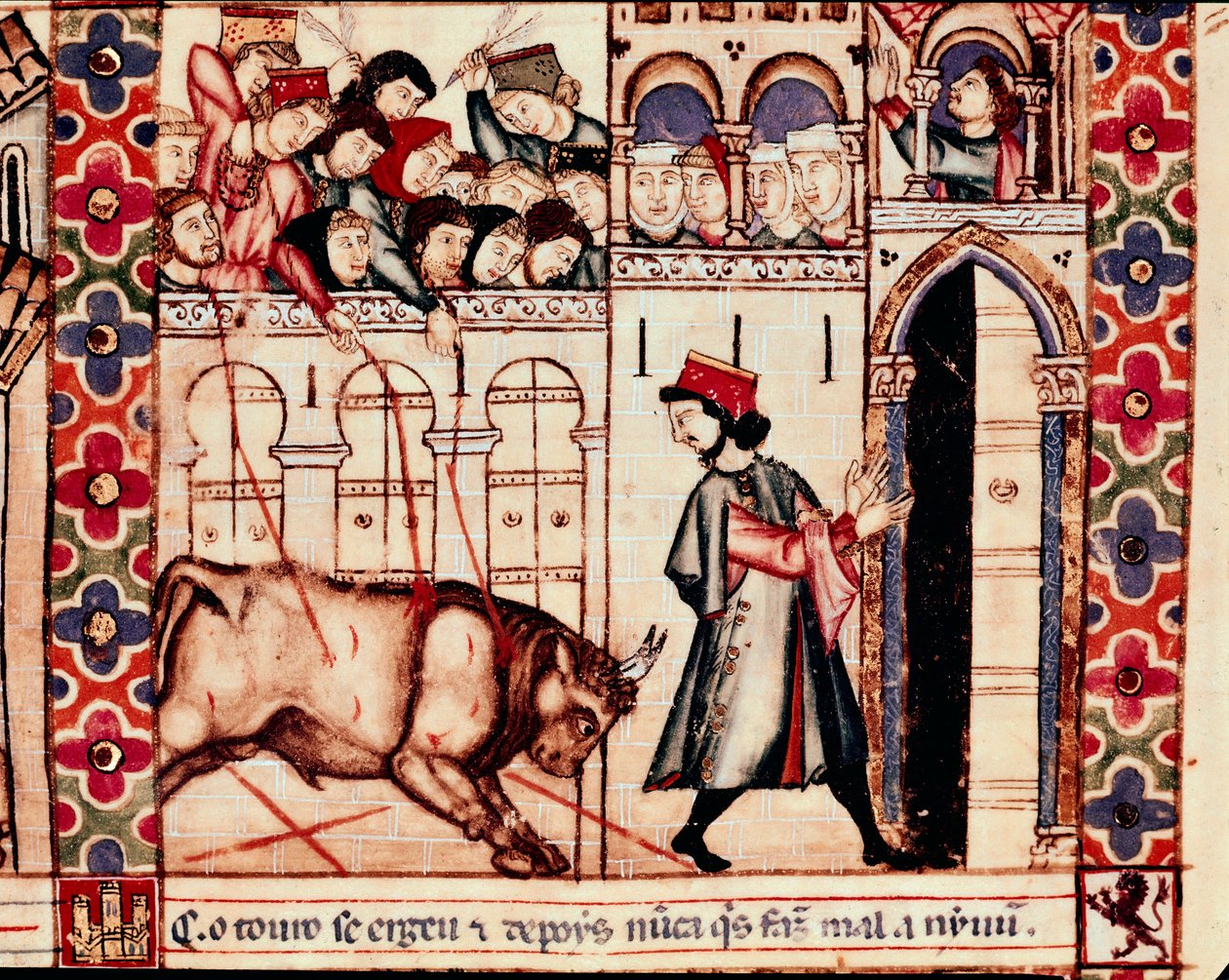 Stierengevecht: de stier doodt in de arena tijdens de traditionele feesten van Plasencia in Spanje, Zang 144. Miniatuur uit de hymne van Sint Maria door Unknown artist