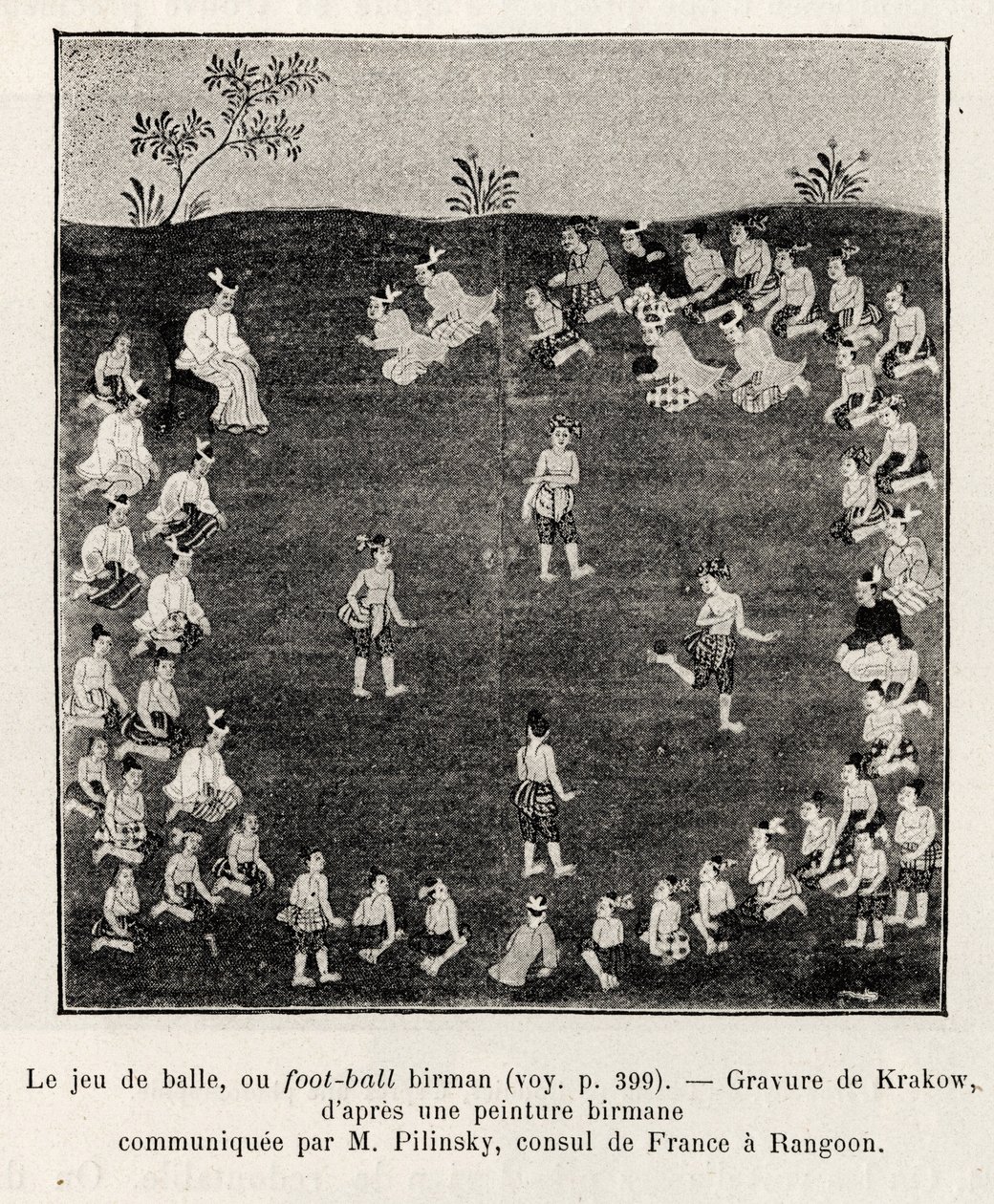 Birmaans voetbal of balspel. Gravure door Krakow ter illustratie van het verhaal 