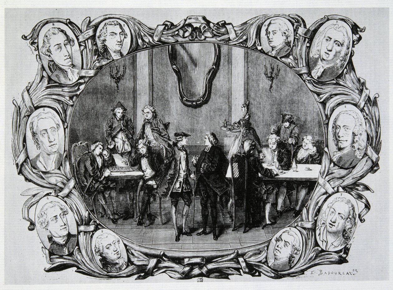 Café Procope in Parijs in de 18e eeuw met Buffon, Gilbert, Diderot, D