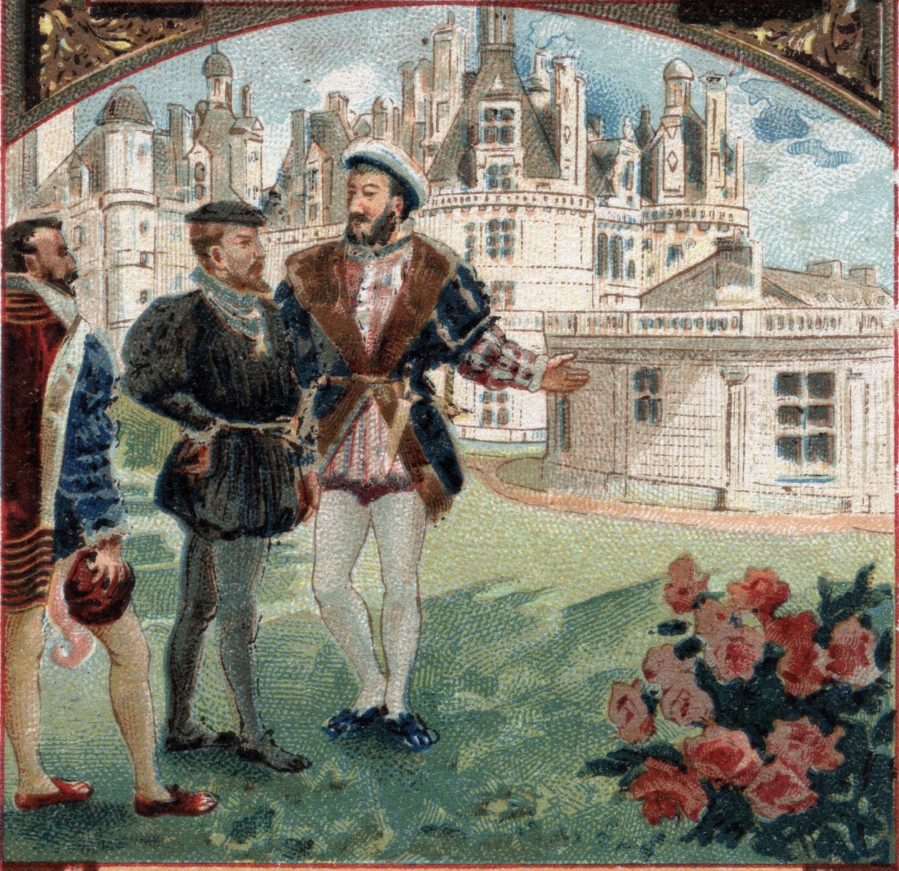 Karel V ontvangen door Frans I in het Kasteel van Chambord. Chromolithografie uit de late 19e eeuw. door Unknown artist