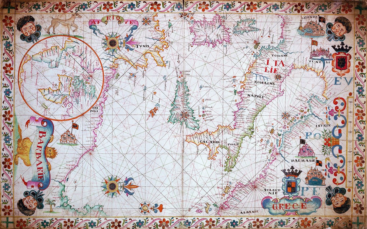 Kaart van de Middellandse Zee, met Italië en de noordkust van Afrika door Unknown artist