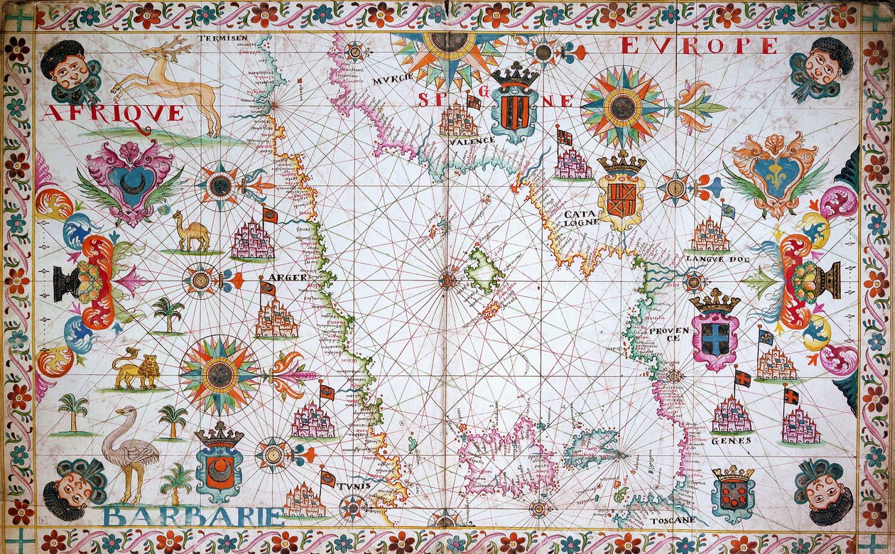 Kaart van het westelijke Middellandse Zeegebied met de noordkust van Afrika en Spanje door Unknown artist