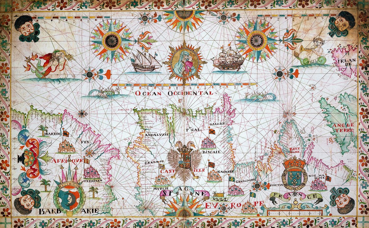 Kaart van de westelijke Middellandse Zee met de noordelijke Afrikaanse en Spaanse kusten, en de Atlantische Oceaan door Unknown artist