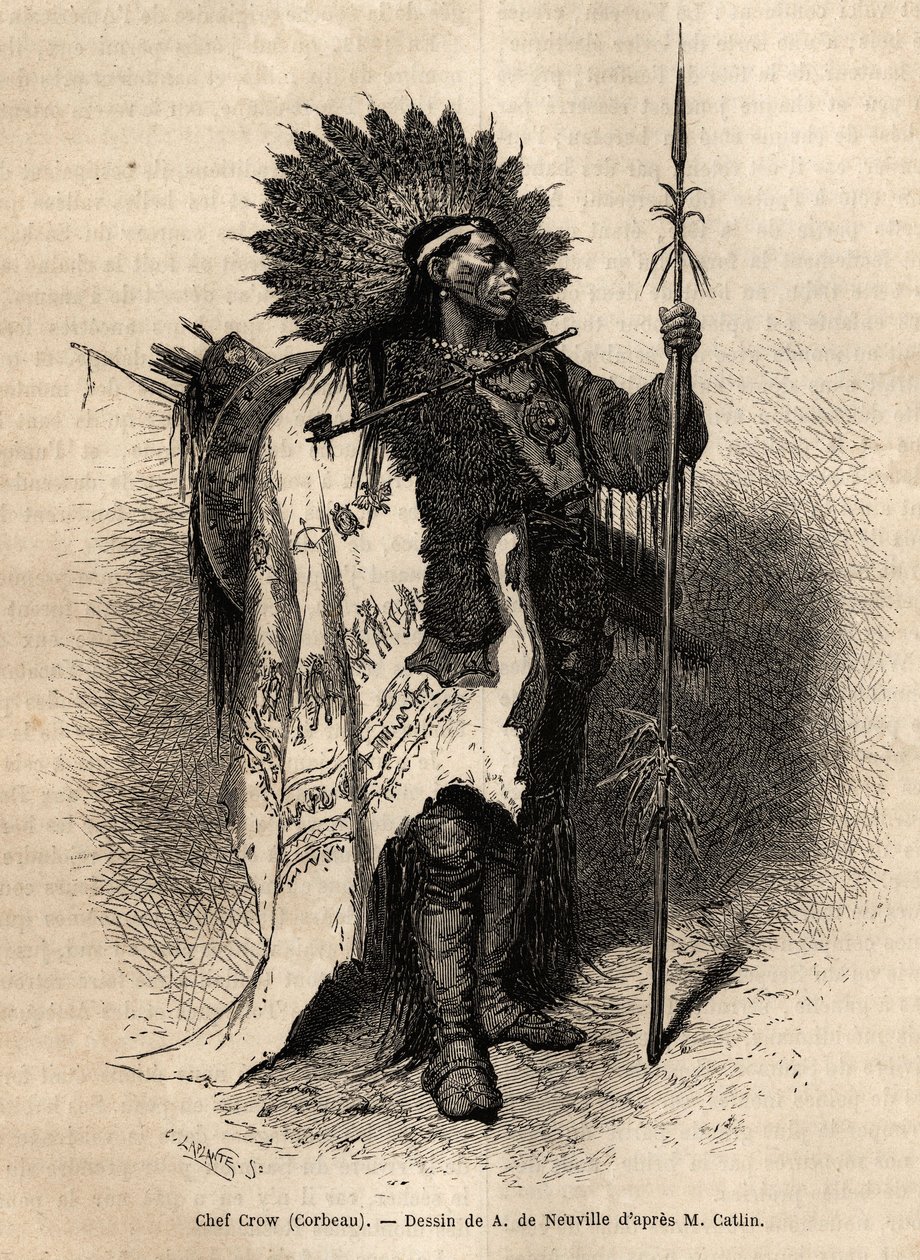 Chief Yellow Moccassin, van de Crow Indianenstam, woonachtig langs de Lewis River. Gravure ter illustratie van een excursie onder de indianenstammen van de bekkens van Colombia en Boven-Missouri, door G. Catlin, in 1855, gepubliceerd in Le tour du monde door Unknown artist