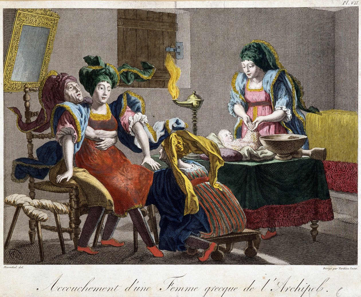 Bevalling in Griekenland - gravure, eind 19e eeuw door Unknown artist