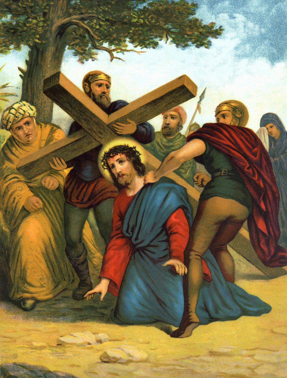 Chromolithografie van het einde van de 19e eeuw die het leven van Christus uitbeeldt: Jezus valt voor het eerst onder het kruis door Unknown artist
