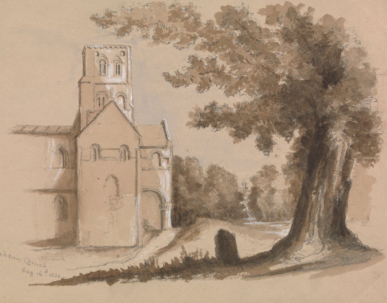 Kerk met boom en grafsteen op de voorgrond door Unknown artist