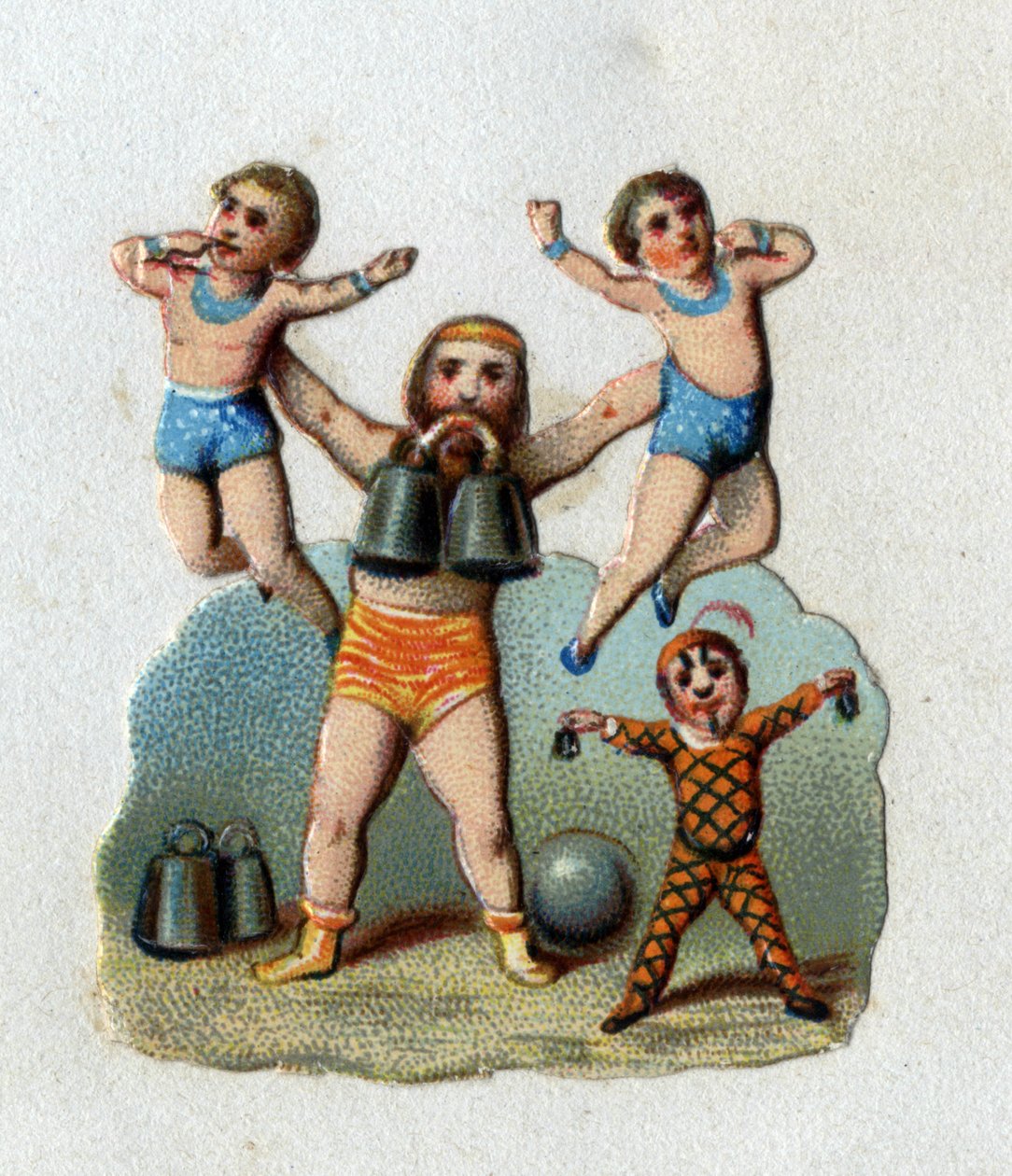 Circus: een alterofiel tilt twee mannen op armlengte terwijl hij een gewicht tussen de tanden houdt om te laten zien wat zijn spieren kunnen. Chromolithografie rond 1890 door Unknown artist