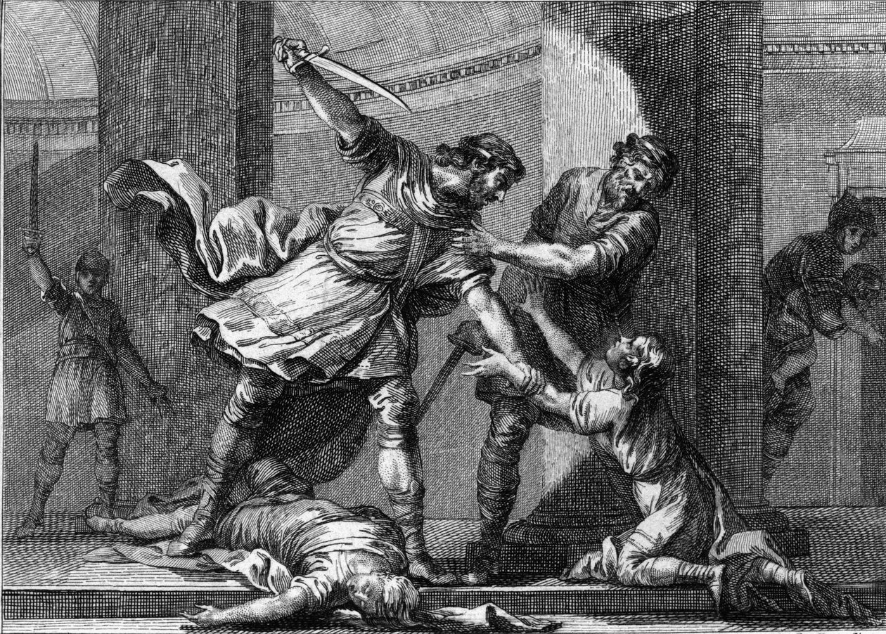 Clotaire (Clothaire) I (ca. 497-561) en Childebert I, de Frankische koningen, vermoordden twee zonen van hun broer Clodomir (495-524). Gravure uit de 18e eeuw door Unknown artist