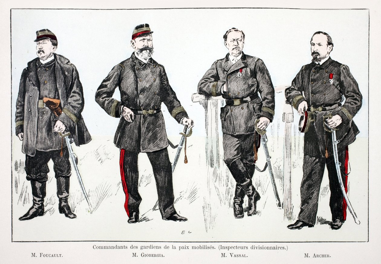 Commandanten van de gemobiliseerde vredeshandhavers (divisie-inspecteurs), van links naar rechts: Mr. Foucault, Mr. Giobergia, Mr. Vassal, Mr. Archer. Kleurenets, voor illustratie 