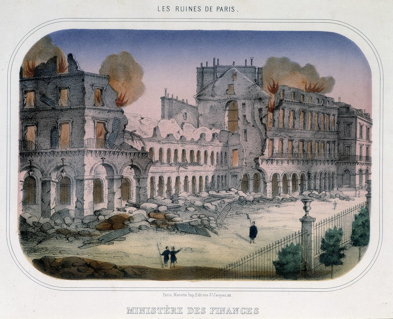 Commune van Parijs: Brand in het Ministerie van Financiën (ten tijde van de Tuilerieën) op 24 mei 1871. Gravure uit de 19e eeuw. door Unknown artist