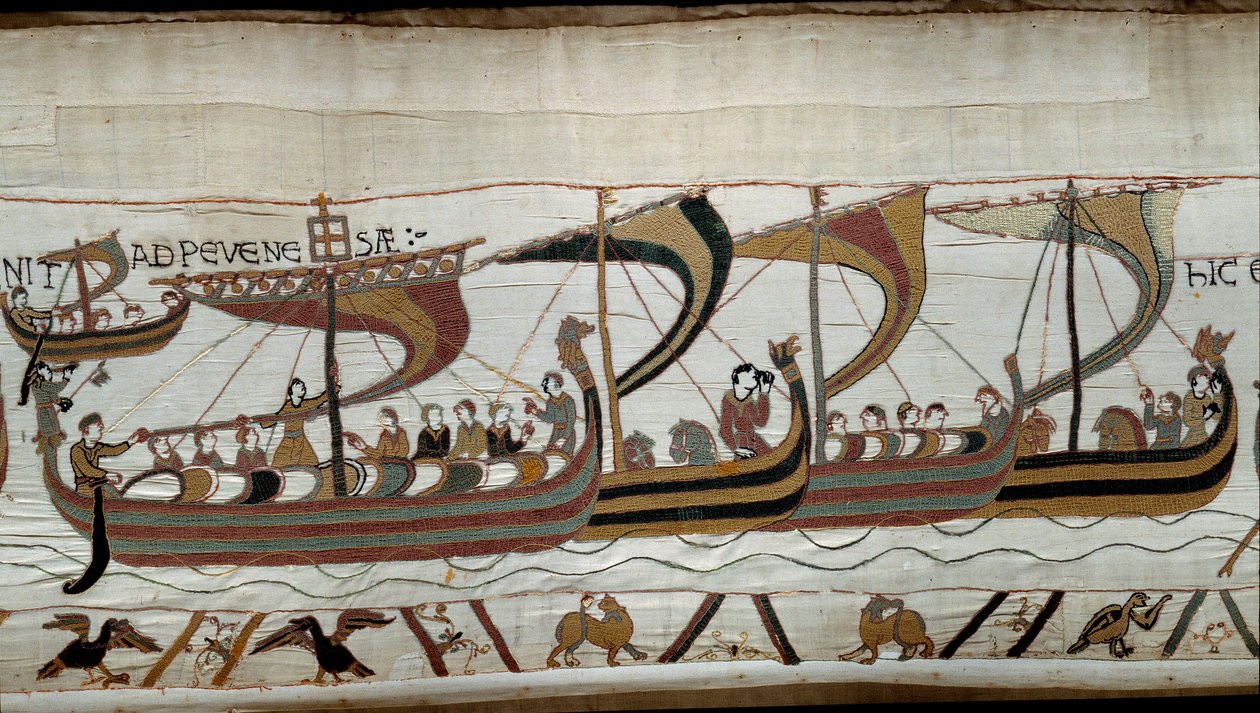 Verovering van Engeland door de Normandische hertog Willem de Veroveraar in 1066: de Normandische vloot nadert de Engelse kust bij Pevensey (detail) door Unknown artist