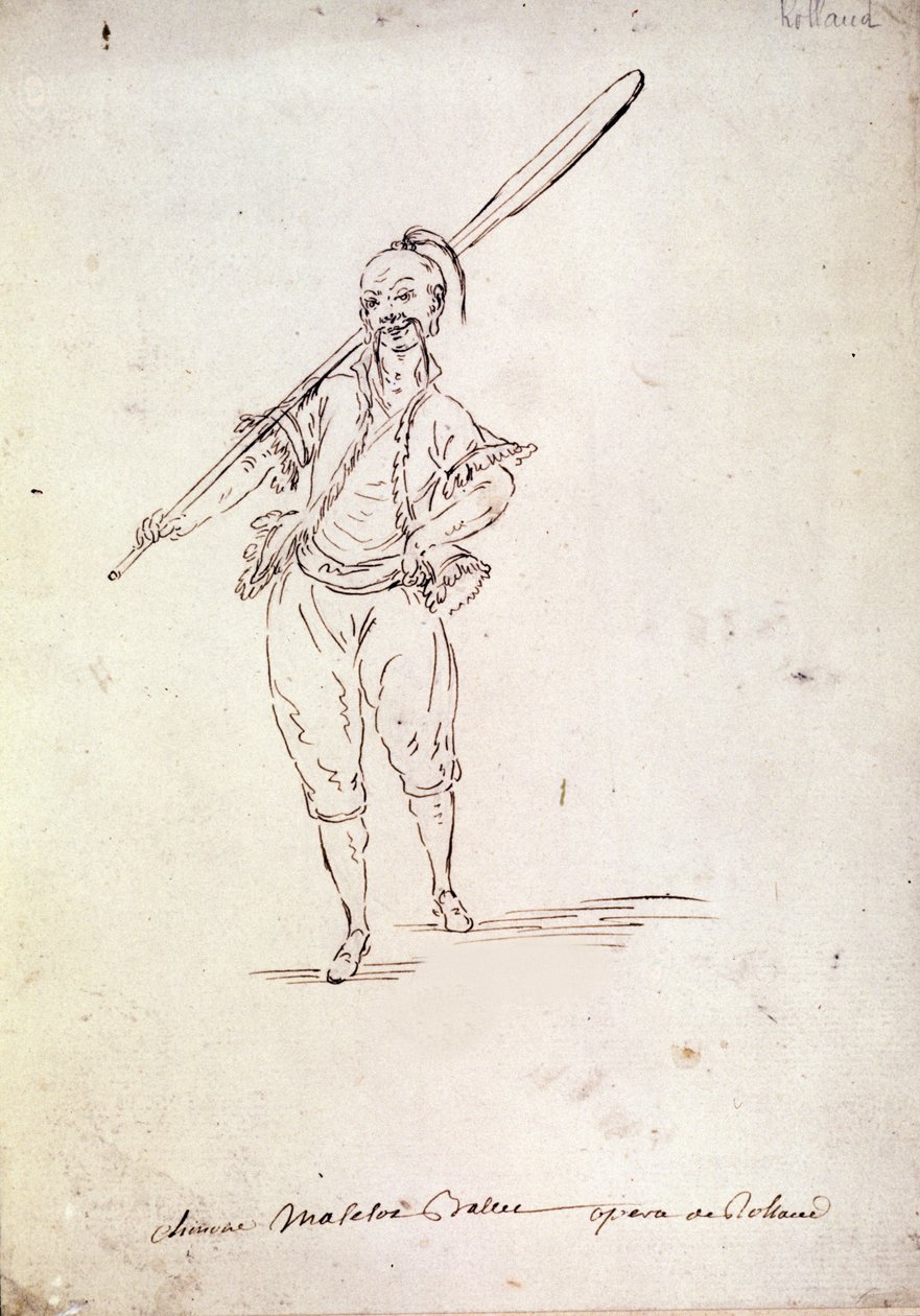 Kostuum voor het personage van Roland in de gelijknamige opera van componist Niccolo Vito Piccinni naar een libretto van Jean Francois Marmontel (1778). Tekening uit het einde van de 18e eeuw door Unknown artist