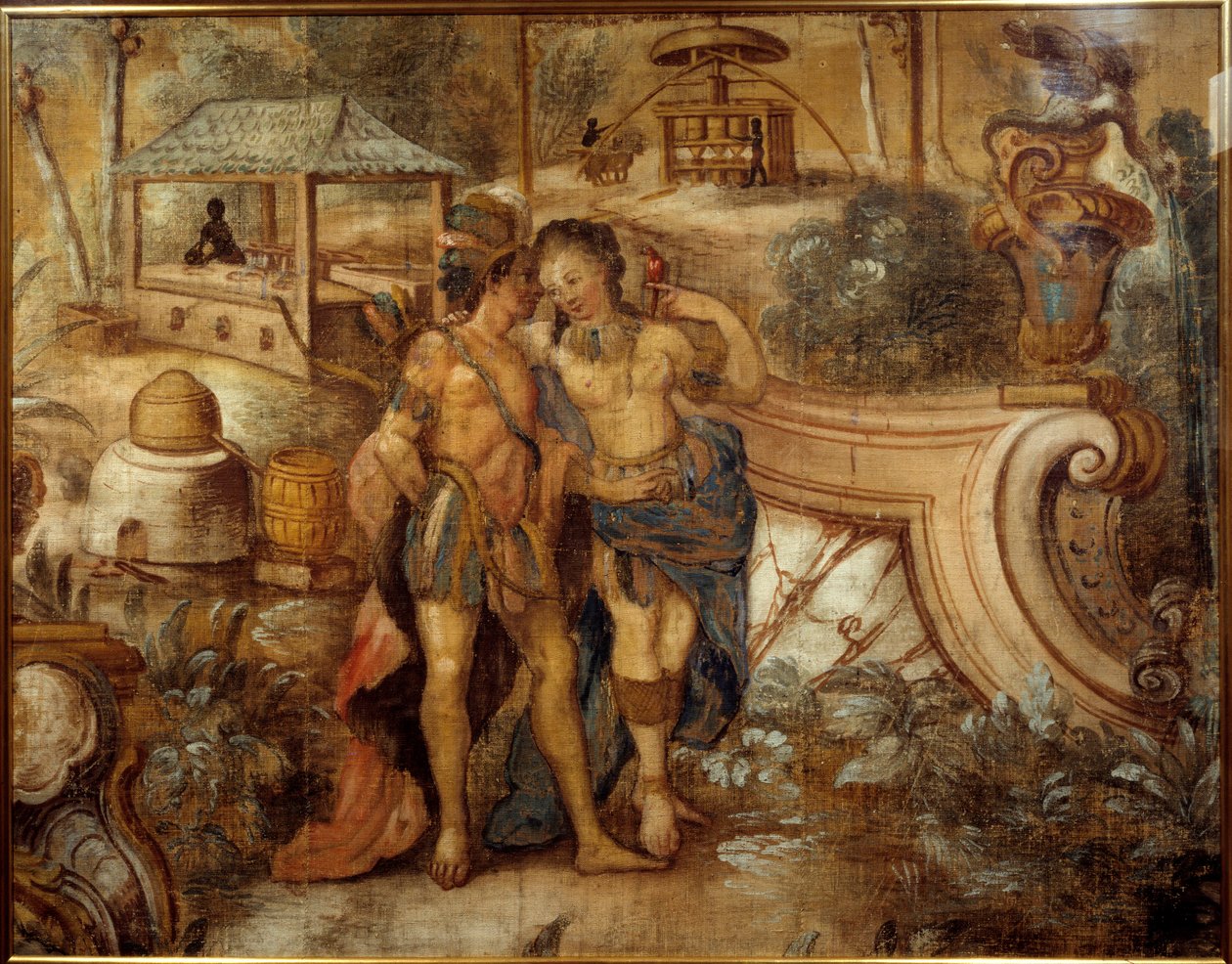 Koppel een vrouw met een Indiaan voor een suikerplantage in West-Indië. Anoniem schilderij door Unknown artist