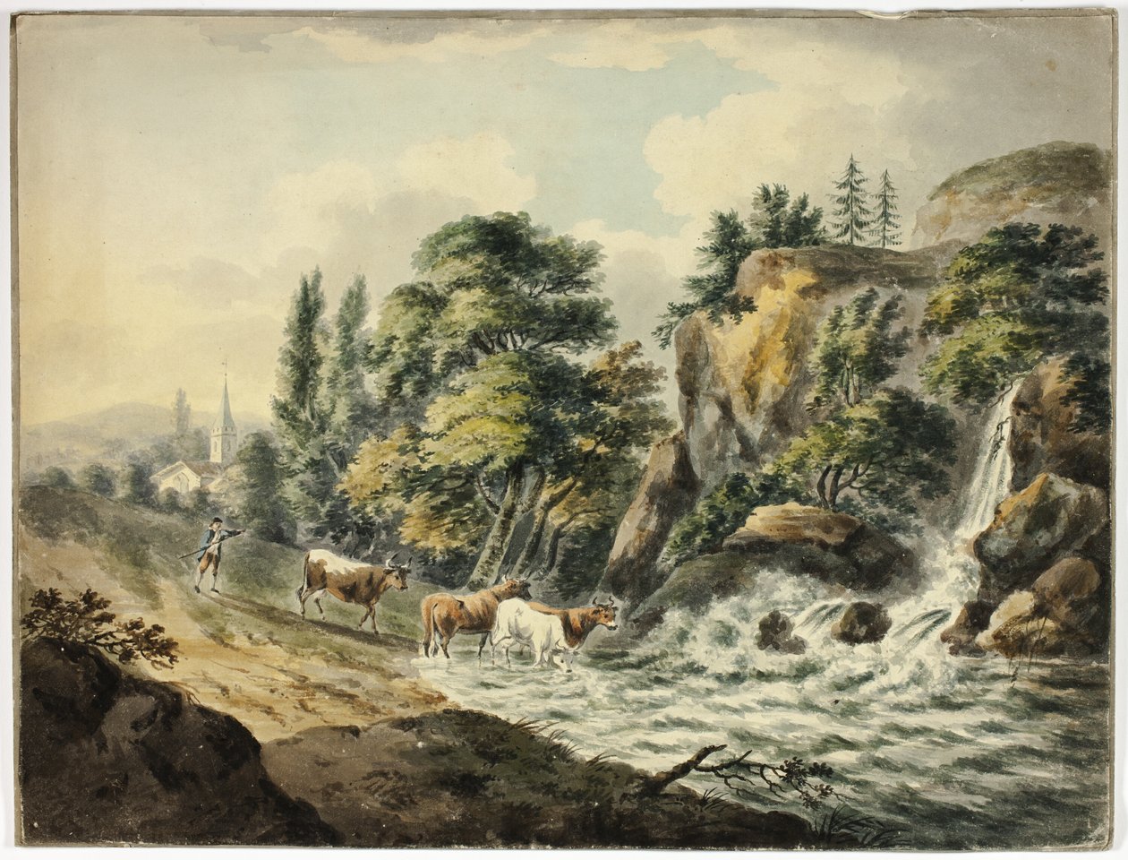Koeherder naar de rivier gedreven door Unknown artist