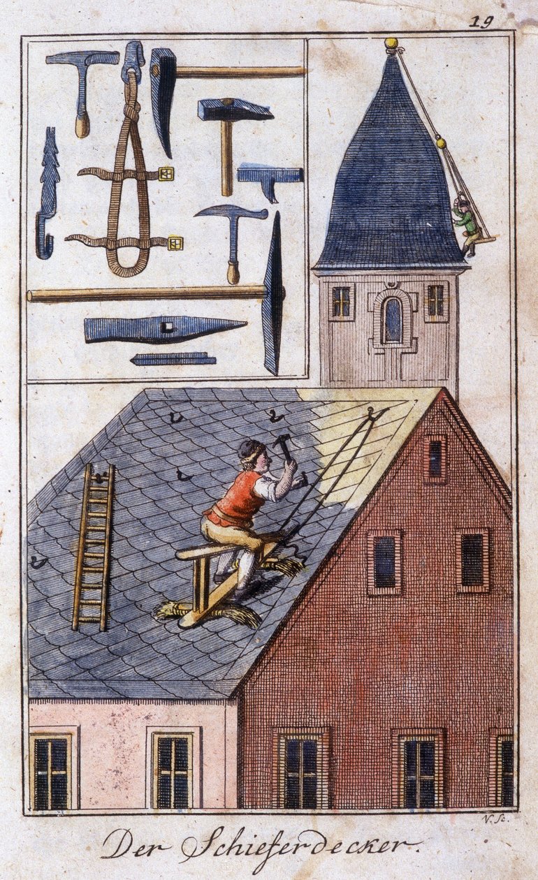 Ambacht: de leien dakdekker en zijn werktuigen. In 
