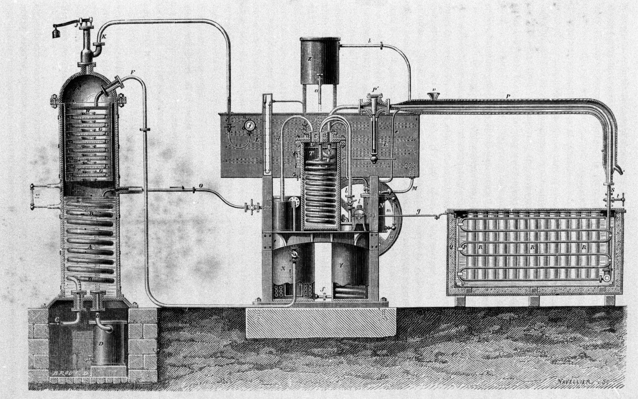 Snijden van de industriële apparatuur voor de vervaardiging van ijs van Ferdinand Carré. Gravure uit de 19e eeuw. door Unknown artist