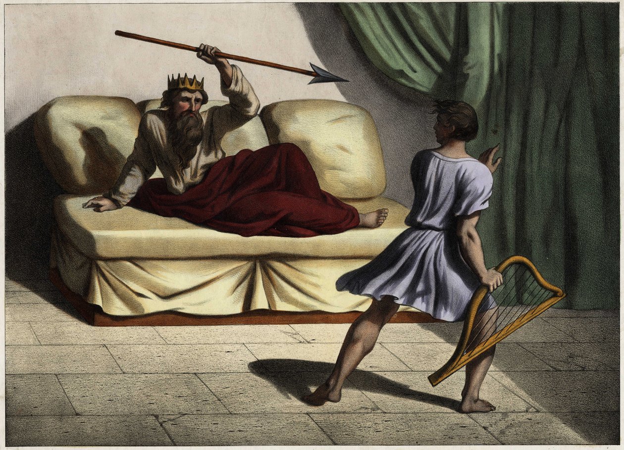 David speelt de cither voor koning Saul om hem te kalmeren. Anonieme gravure uit het midden van de 19e eeuw door Unknown artist