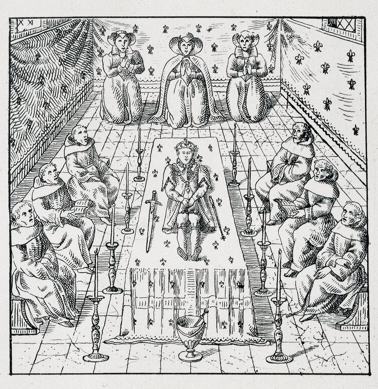 Dood van Karel IX op 30 mei 1574 op 24-jarige leeftijd - in Collection of 39 figures representing the calamities of France from 1562 to 1586 Louis Perrin imprimerie door Unknown artist