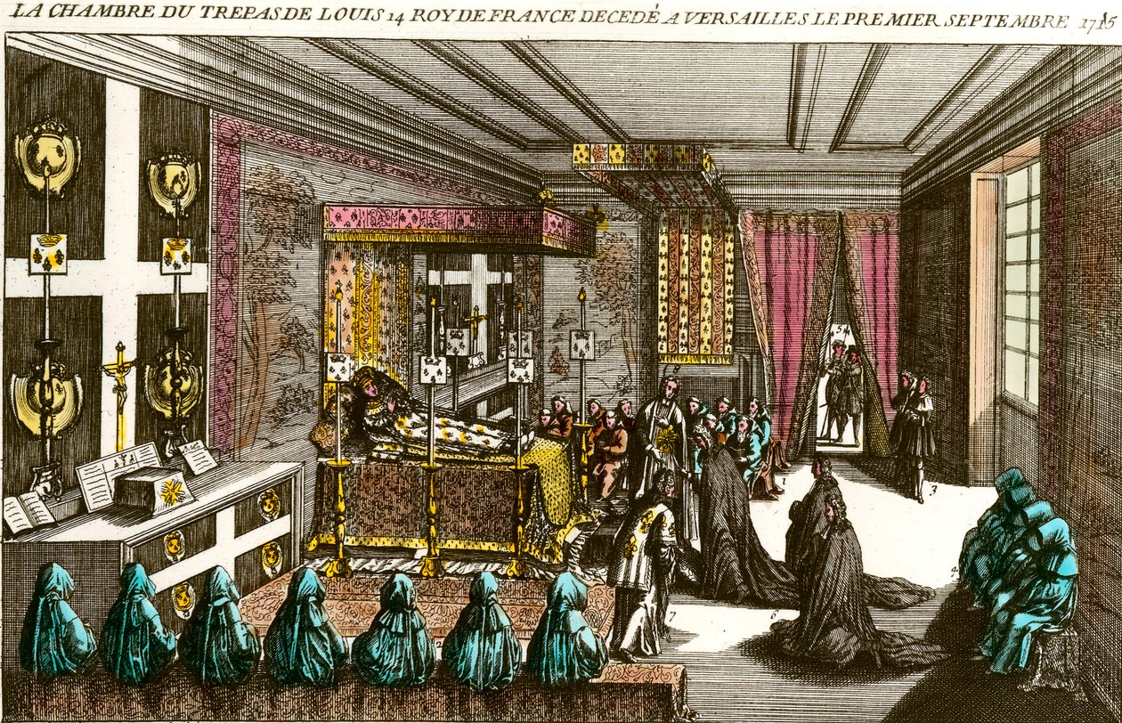 Dood van koning Lodewijk XIV: de rouwkamer van Lodewijk XIV (1638-1715), bekend als Zonnekoning, overleden in Versailles op 1/09/1715. Gravure uit de 18e eeuw Privécollectie door Unknown artist