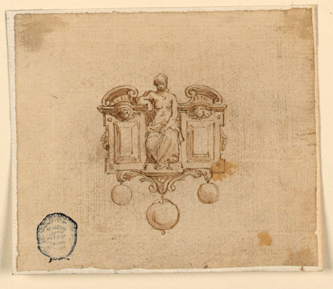 Ontwerp voor broche met vrouw in gebroken fronton door Unknown artist