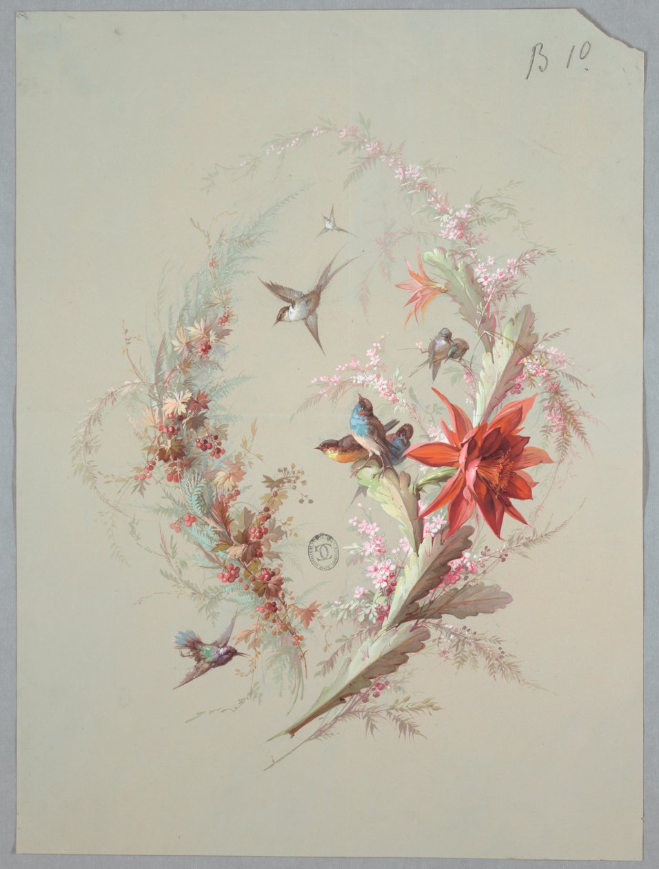 Ontwerp voor Behang en Textiel: Bloemen en Vogels door Unknown artist