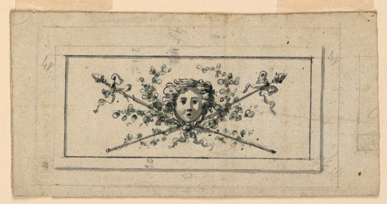 Ontwerp voor een Paneel met een Hoofd voor Twee Gekruiste Thyrsi door Unknown artist