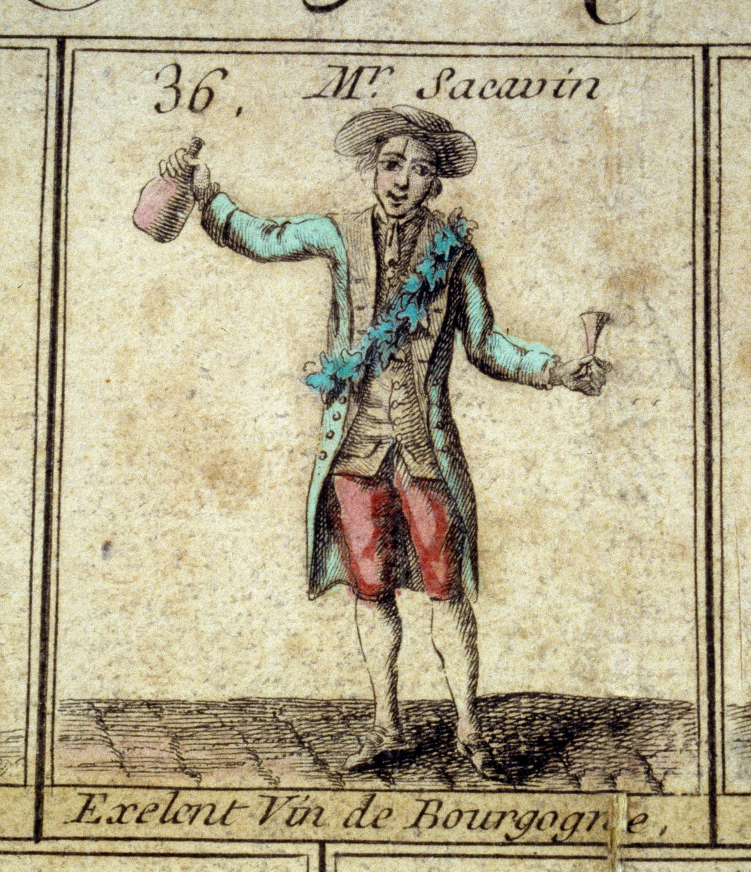 Detail van het ganzenbordspel van de Cree van Parijs: meneer Sacavin, wijndrinker uit Bourgogne. Gravure uit de 18e eeuw door Unknown artist