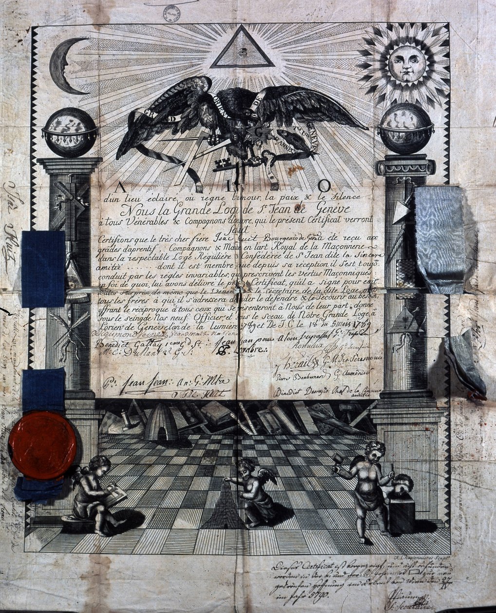 Diploma van Isaac Huit als gezel en meester in de Koninklijke Metselkunst, toegekend in 1789 door de Grote Loge van St-Jean in Genève. door Unknown artist