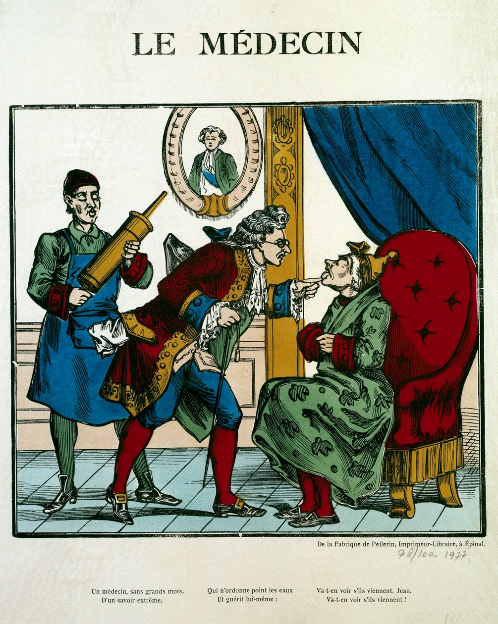 Dokterscène die een dokter toont die een patiënt onderzoekt, zijn assistent achter hem houdt een klysma vast door Unknown artist